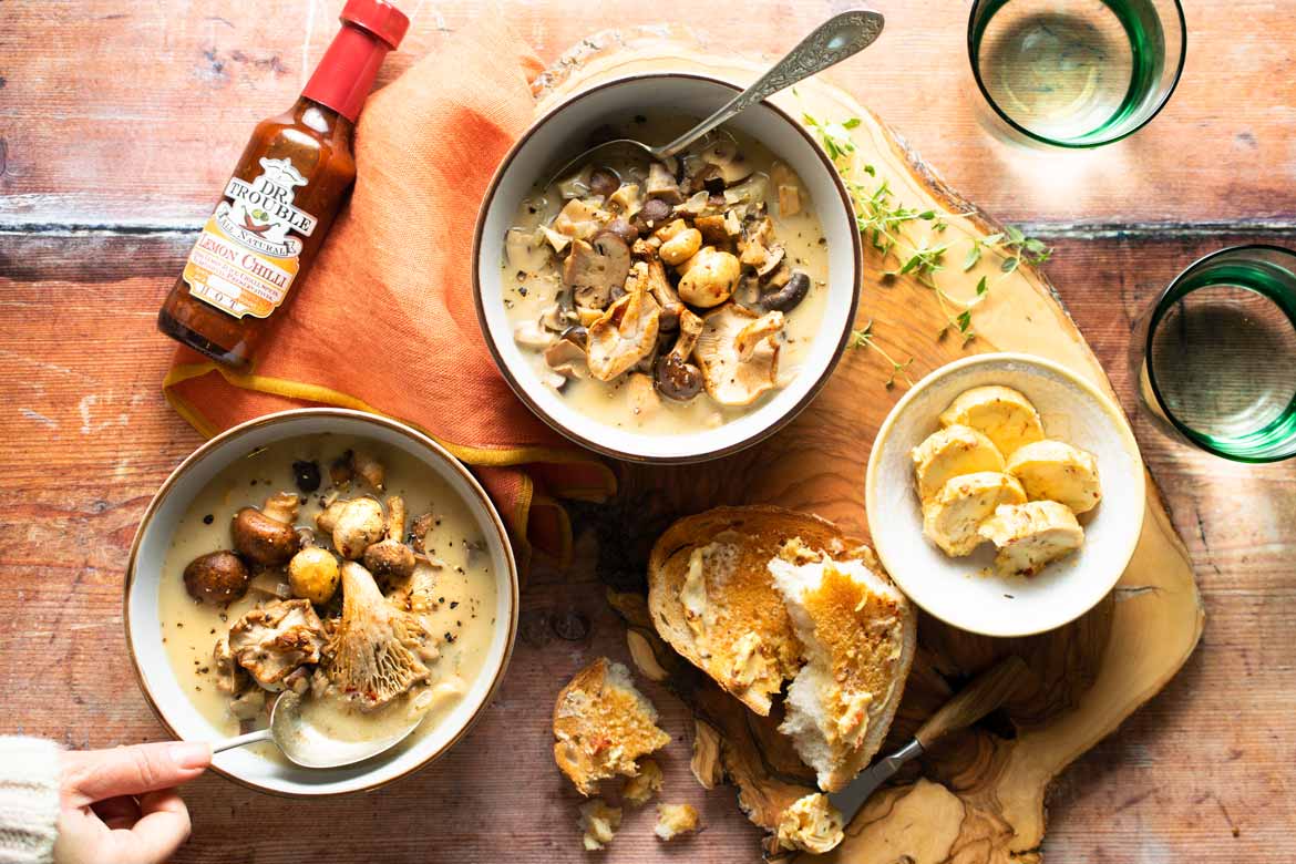 Dr-Trouble-Vegan-Roasted-Mushroom-Soup-with-Lemon-Chilli-Butter-with-hot-sauce-bottle